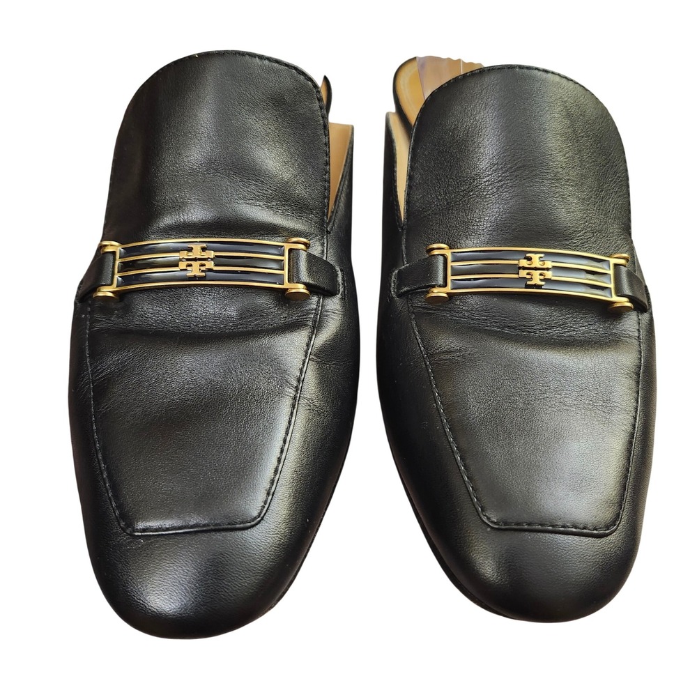 Tory Burch Amelia Black Leather Classic Logo Bar Mules Slides Flats Size 11M - Picture 2 of 11